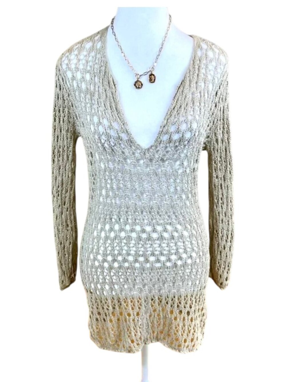 Velvet Sweater Linen Blend Beige Open Knit (M)